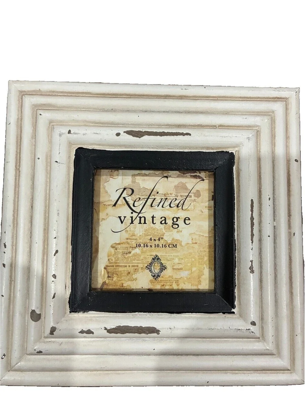 Vintage Distressed White & Black Wood Square Picture Frame (4x4)